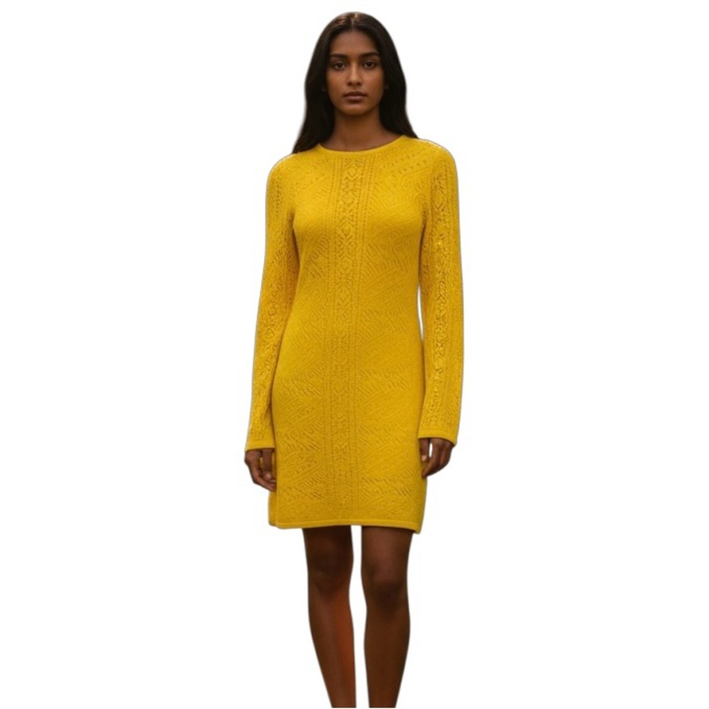 NEW Yellow Crochet Knit Long Bell Sleeve Backless Mini Dress Medium
